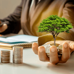 hand holding tree and coins