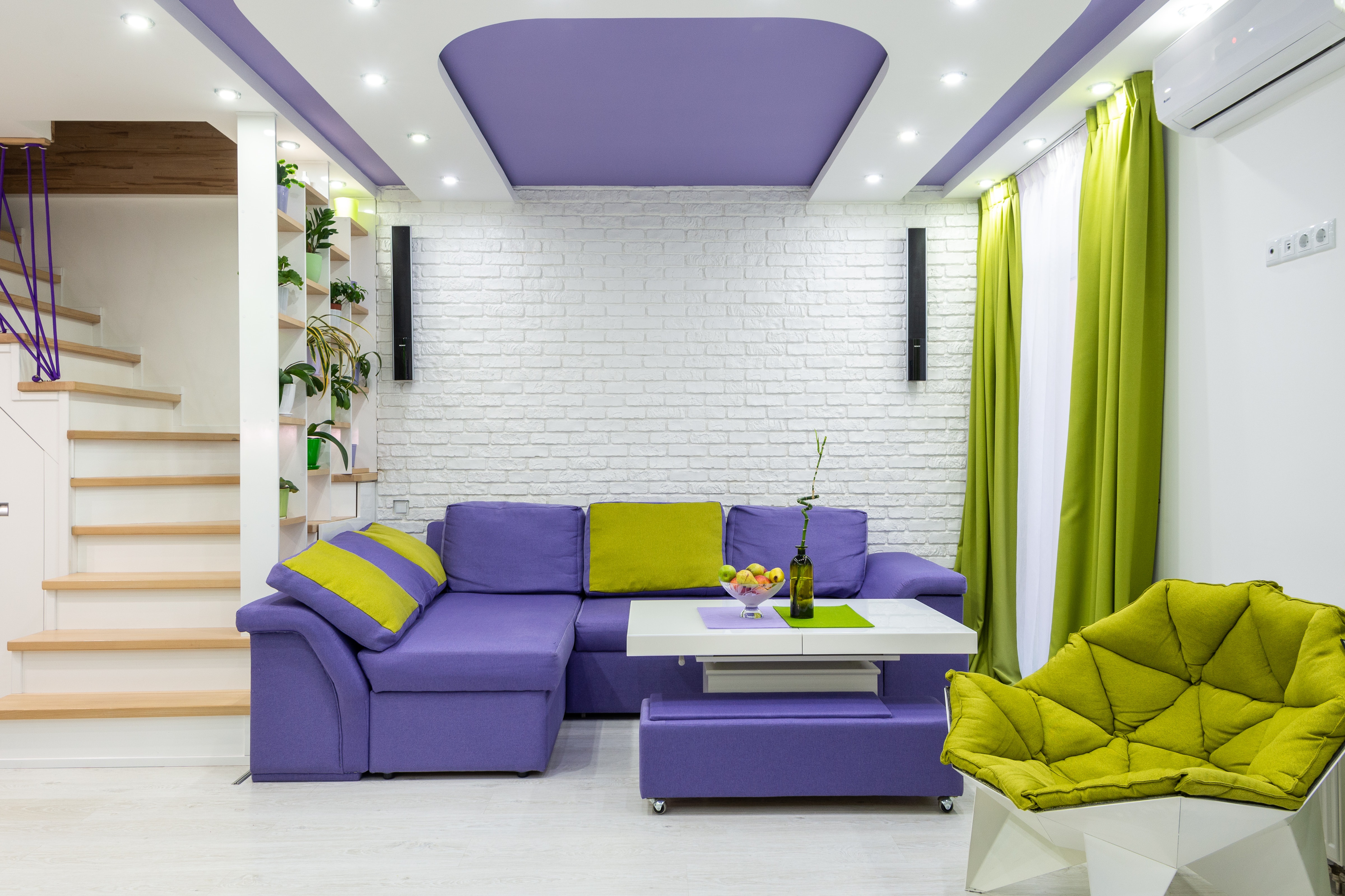 green and purple living room